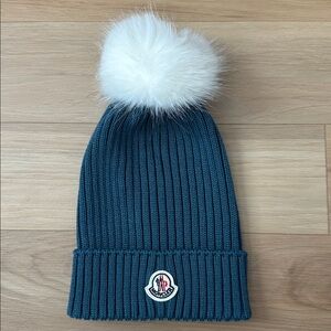 Moncler Wool Beanie with Faux Fur Pom Pom